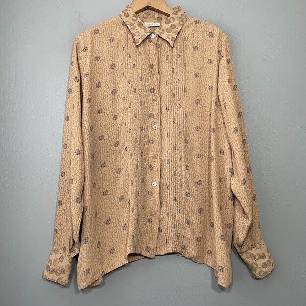 Analogy Sz XL Semi Sheer Tan Button Up Pintuck Blouse Lagenlook Artsy Goblincore